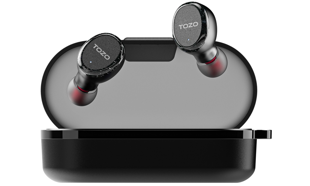 Drahtlose Ohrhörer Tozo T10S Schwarz - Frontansicht mit geöffnetem Ladeetui