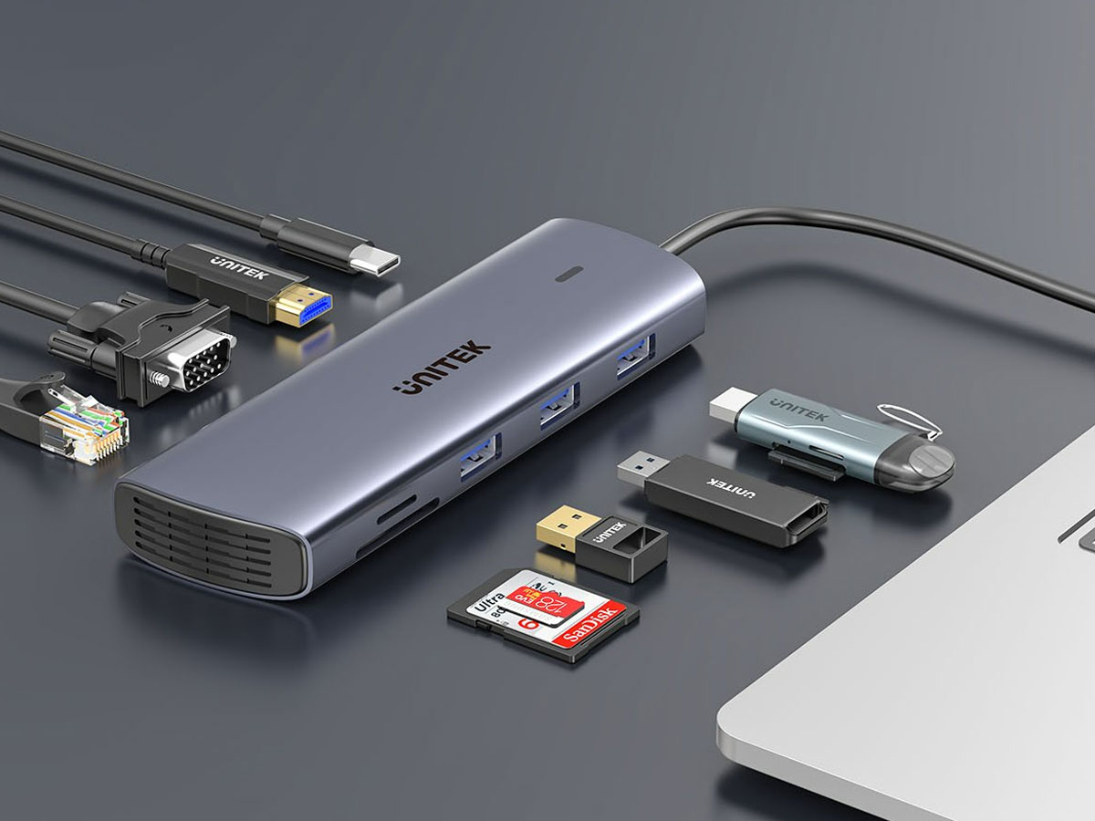 Unitek Hub 9w1 USB-C Ethernet HDMI VGA 3xUSB-A Kartenleser PD 100W