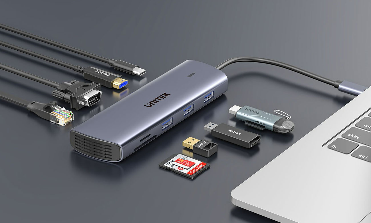 Unitek Hub 9w1 USB-C Ethernet HDMI VGA 3xUSB-A Kartenleser PD 100W