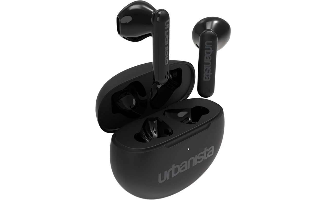 Kabellose Kopfhörer Urbanista Austin Midnight Black - Vorderansicht unter einem Winkel mit geöffnetem Ladeetui