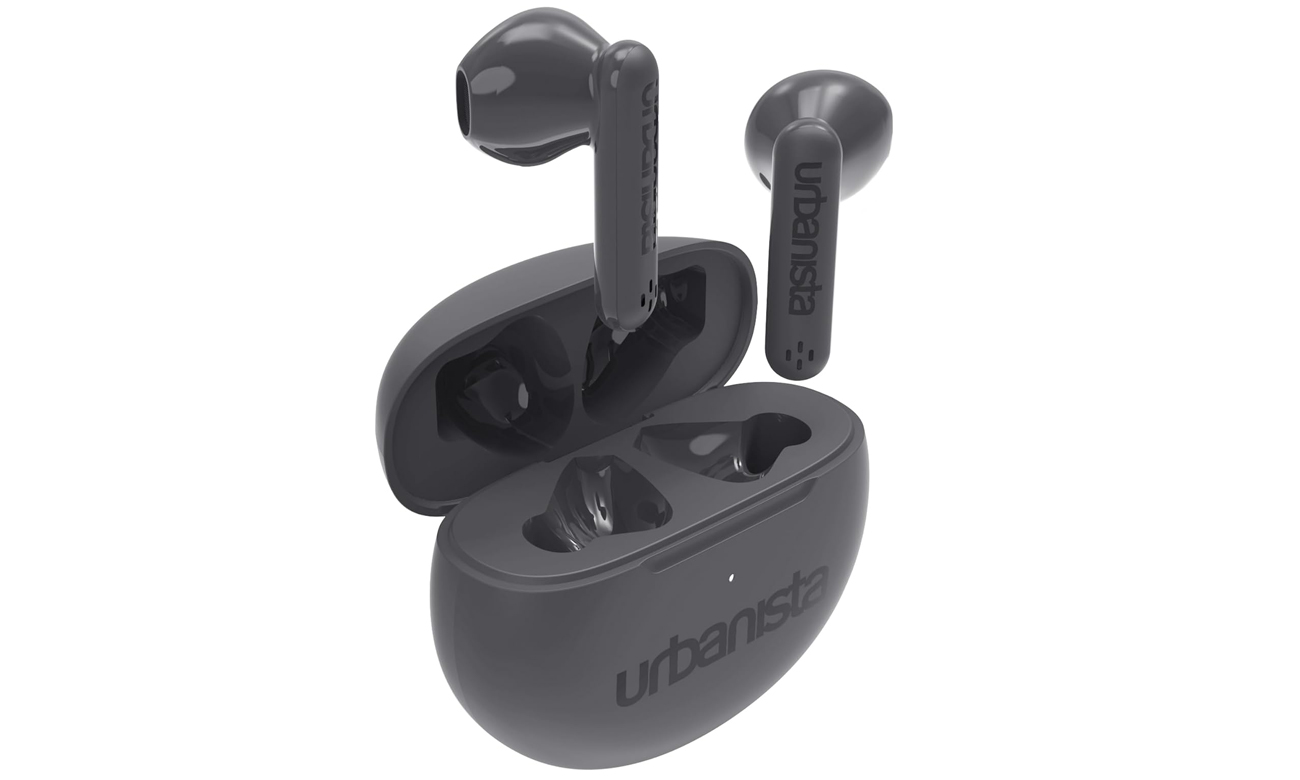 Drahtlose Kopfhörer Urbanista Austin Storm Gray - Vorderansicht im Winkel mit geöffnetem Ladeetui