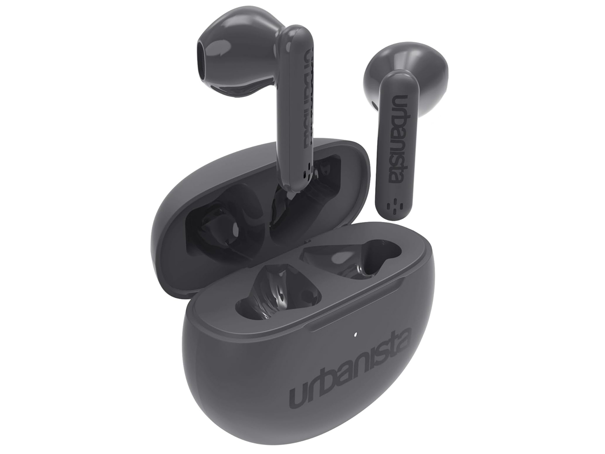 Drahtlose Kopfhörer Urbanista Austin Storm Gray - Vorderansicht im Winkel mit geöffnetem Ladeetui