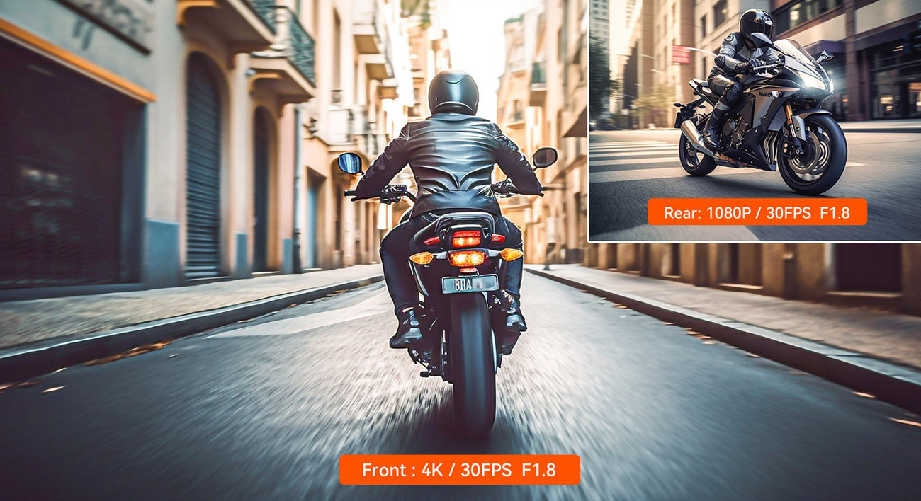 Motorrad-Dual-Dashcam Vantrue F1 Dual - Vorder- und Rückansicht des Motorrads