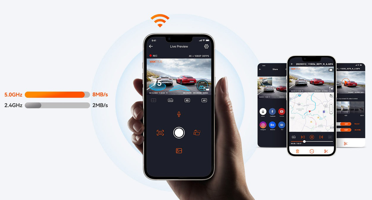 Motorrad-Dual-Dashcam Vantrue F1 Dual - WLAN-Modul und mobile App
