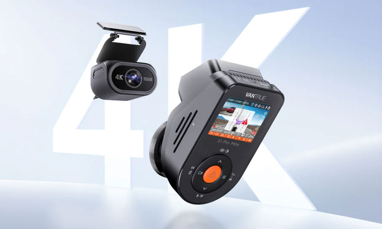 Vantrue S1 Pro Max (Kameras vorne und hinten in 4K) - Gesamtansicht, Grafik mit Hintergrund