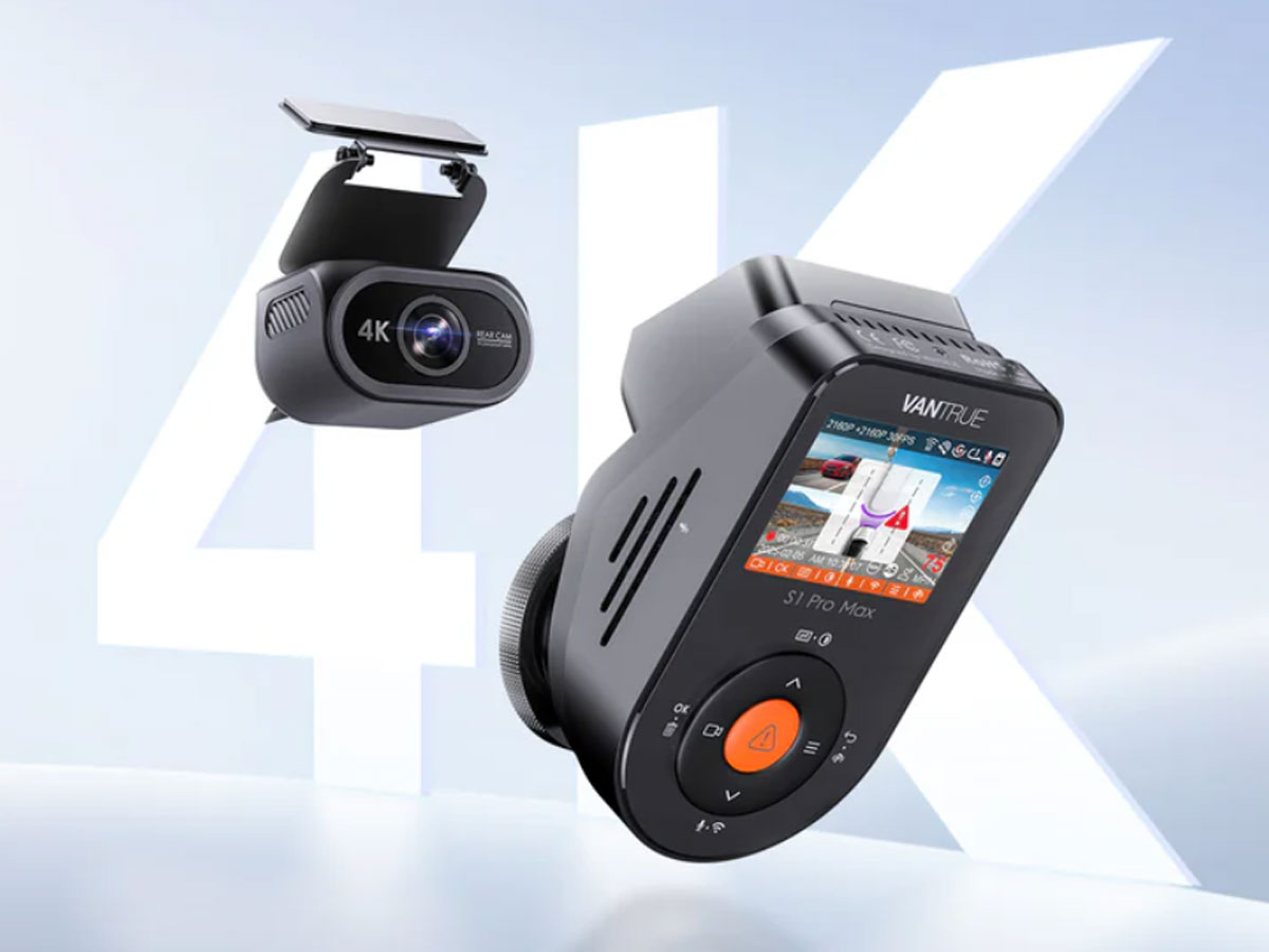 Vantrue S1 Pro Max (Kameras vorne und hinten in 4K) - Gesamtansicht, Grafik mit Hintergrund