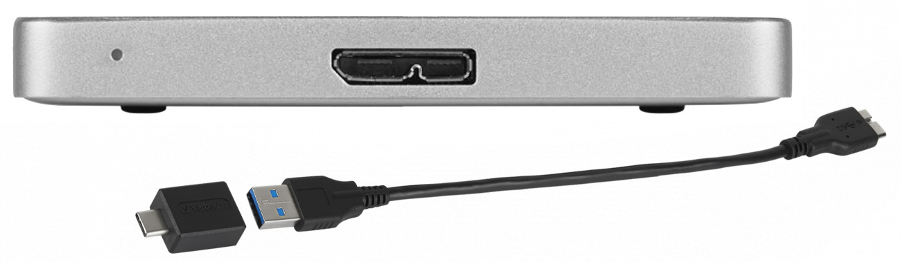 Externe HDD Verbatim Store'n'Go Alu Slim Silber - Seitenansicht mit Anschluss und Adapter