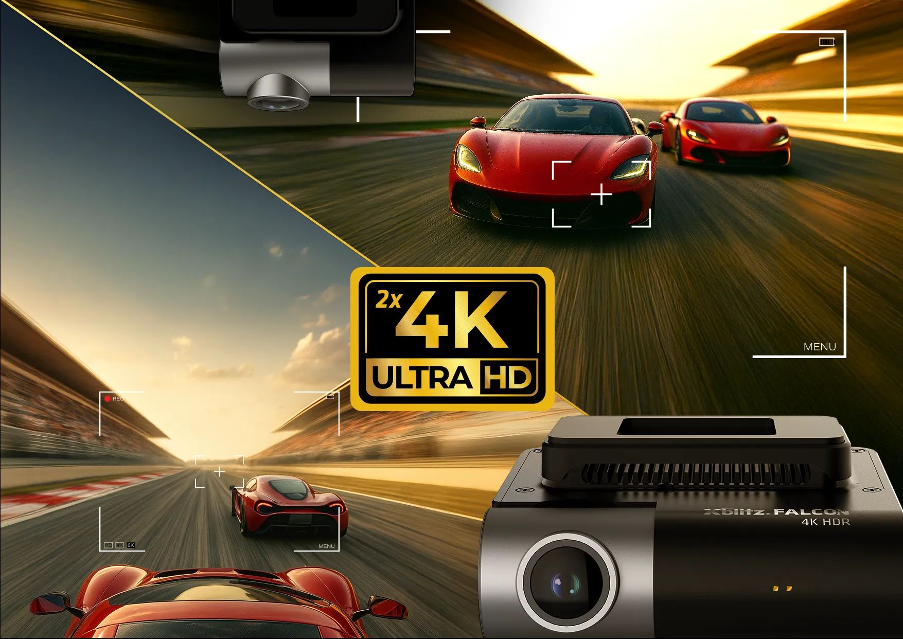 2x4K in Xblitz Falcon und sportliche Autos im Hintergrund