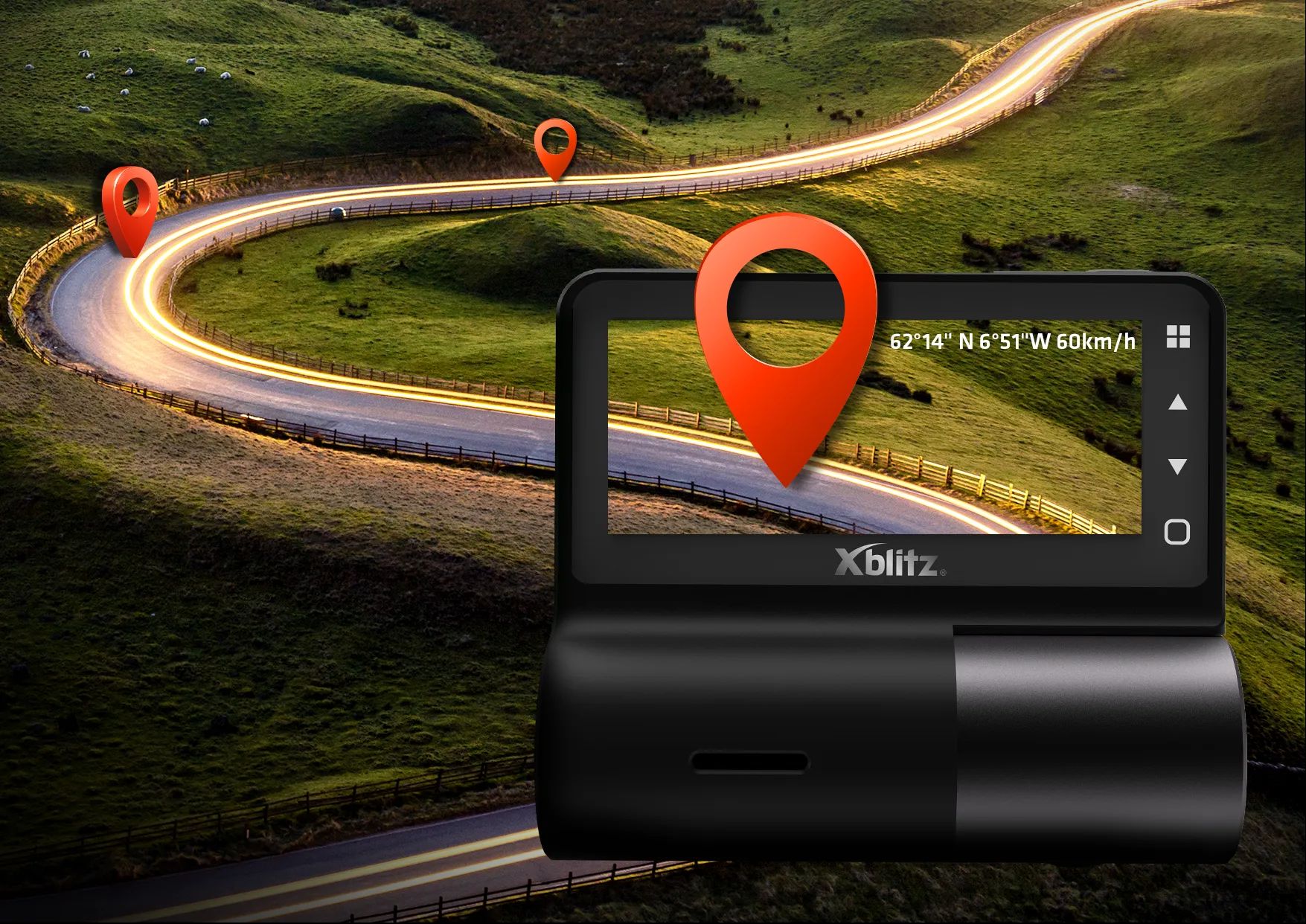 Xblitz Falcon und präzises GPS-Modul mit Straße im Hintergrund