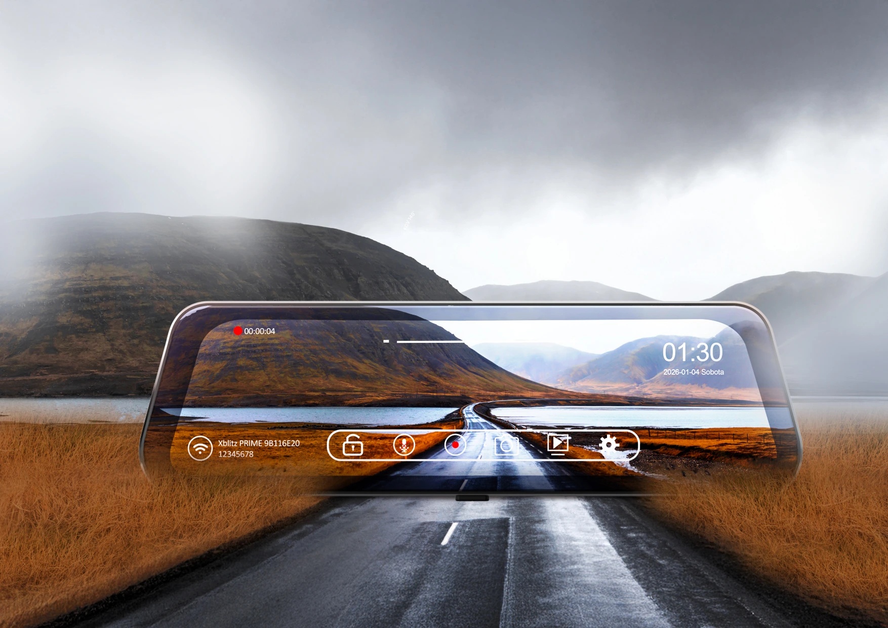 Lusterko samochodowe z funkcjami w otoczeniu gór.