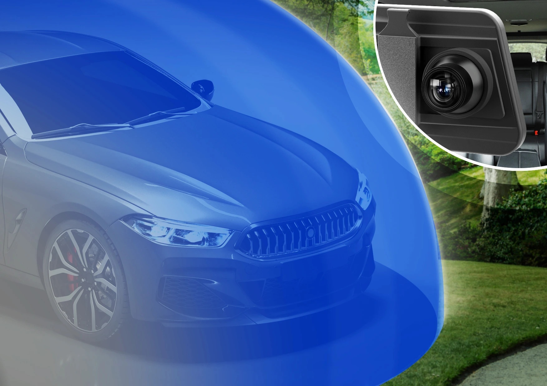 Samochód z kamerą samochodową tworzącą niebieską strefę ochrony.