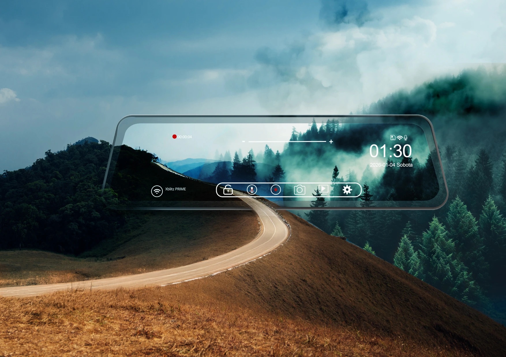 Lusterko wyświetlone na tle górskiej drogi.