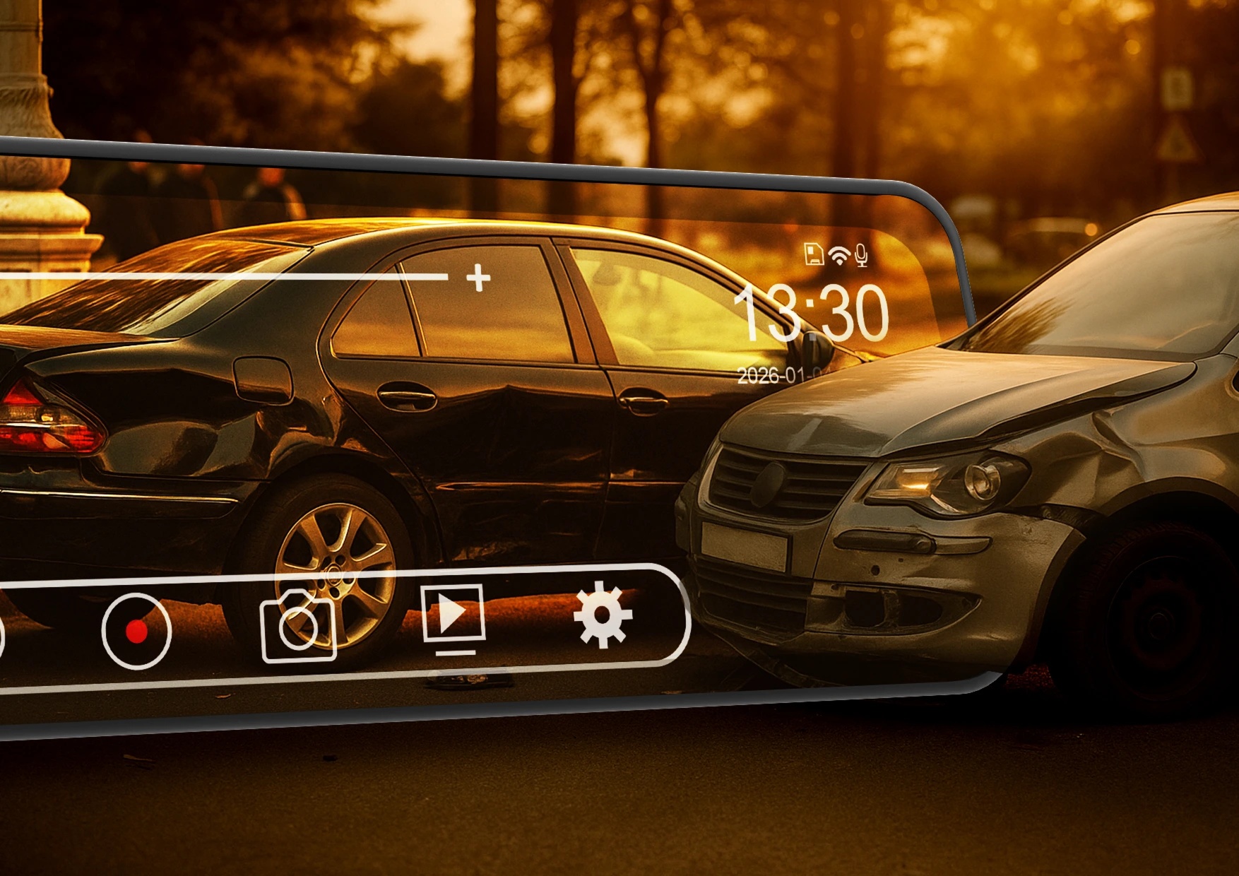 Lusterko samochodowe z funkcjami na tle dwóch samochodów.