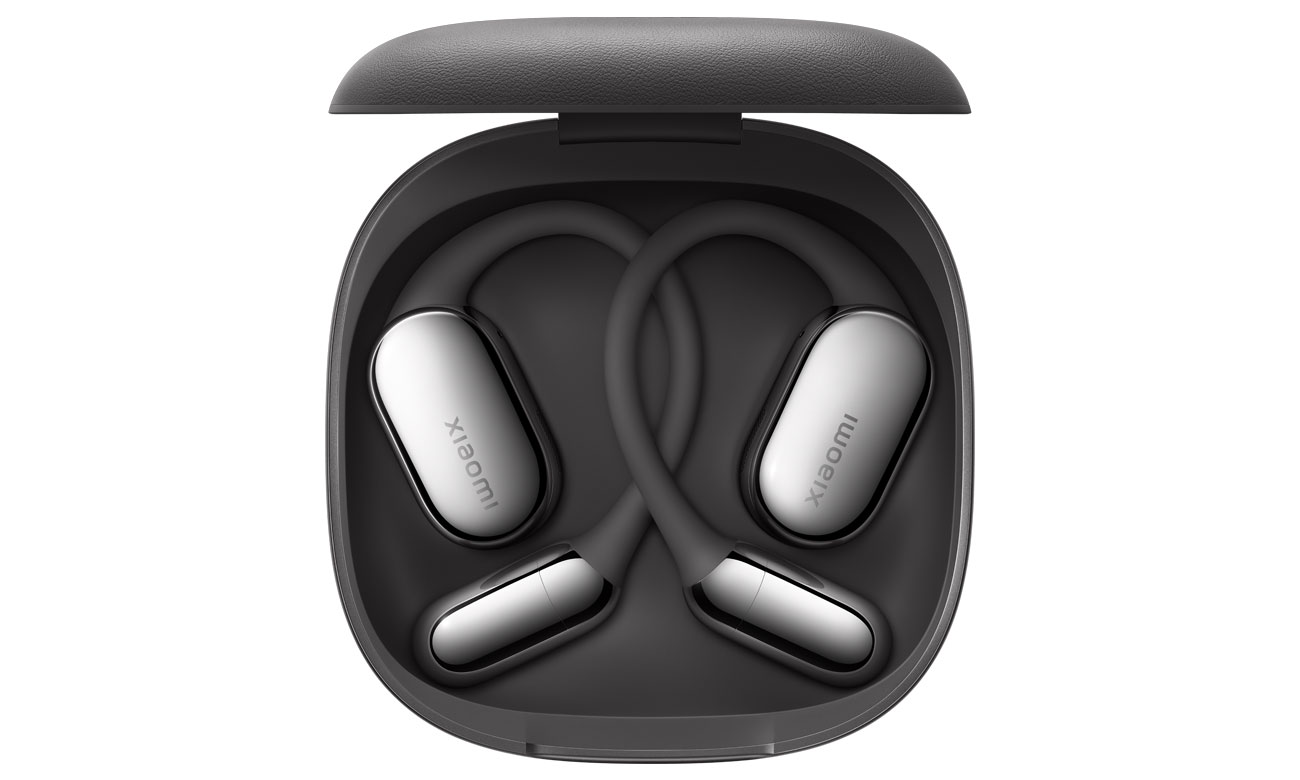Drahtlose Xiaomi OpenWear Stereo Pro Graphit Schwarz - Ansicht von oben mit offenem Ladeetui