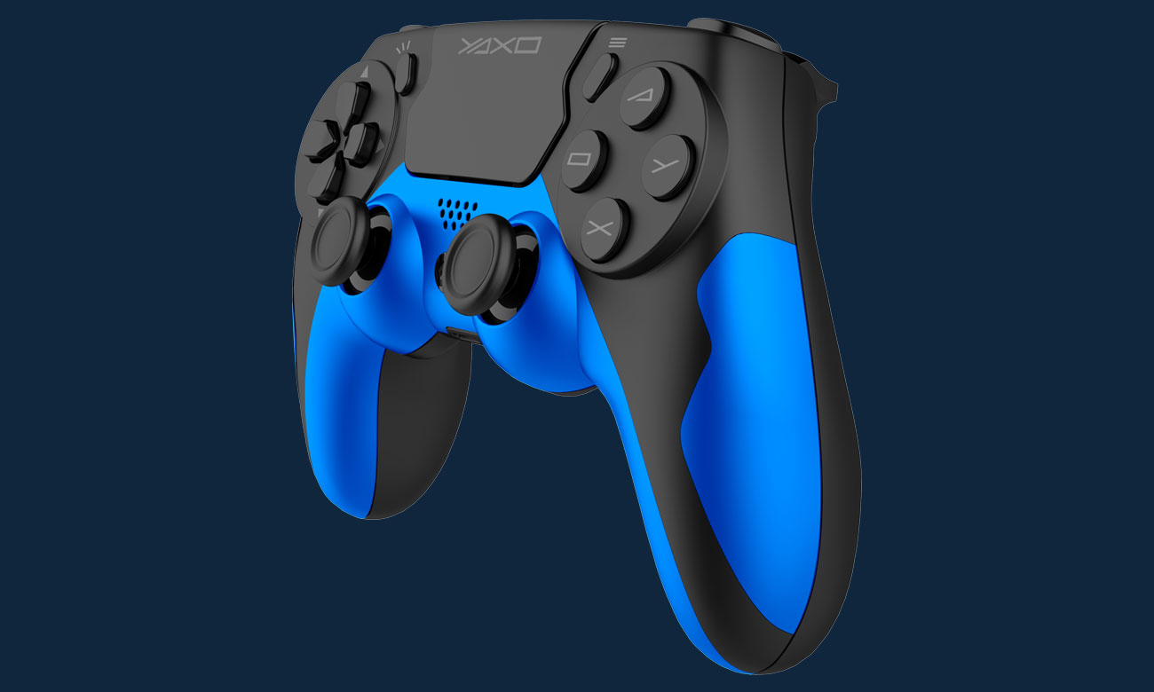 YAXO HORNET FURY Hydro Blue Controller - Vorderansicht schräg, Grafik mit Hintergrund