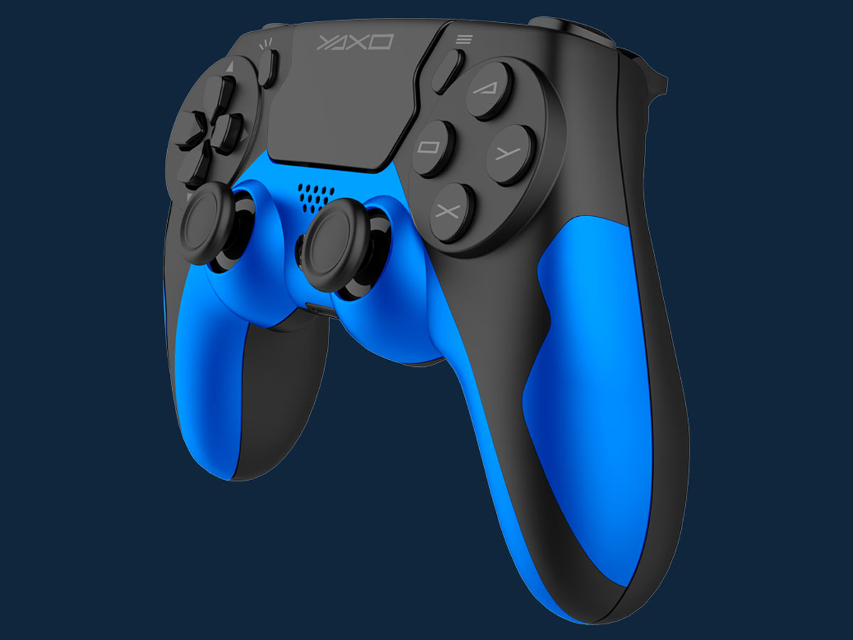 YAXO HORNET FURY Hydro Blue Controller - Vorderansicht schräg, Grafik mit Hintergrund