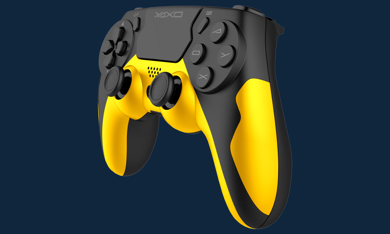 YAXO HORNET FURY Controller Solar Yellow - Vorderansicht schräg, Grafik mit Hintergrund