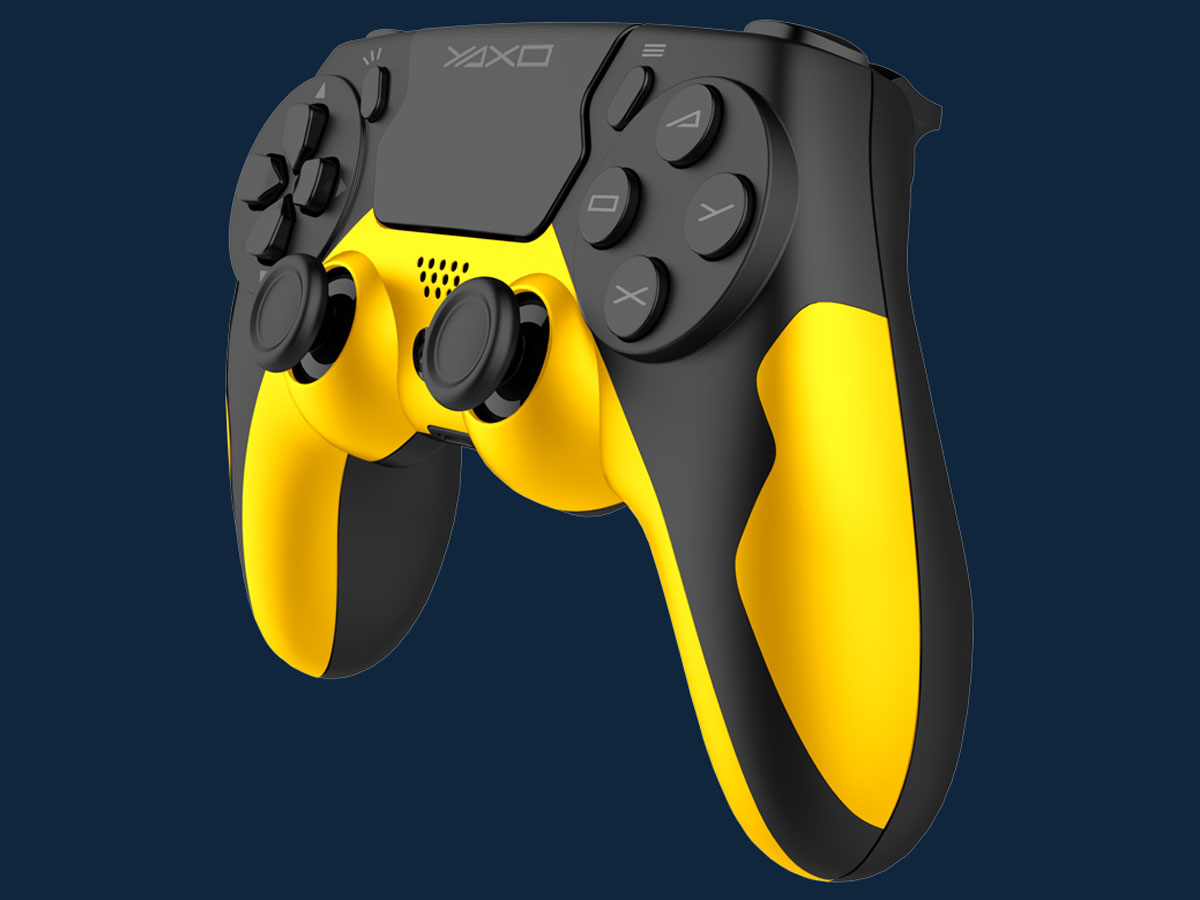 YAXO HORNET FURY Controller Solar Yellow - Vorderansicht schräg, Grafik mit Hintergrund
