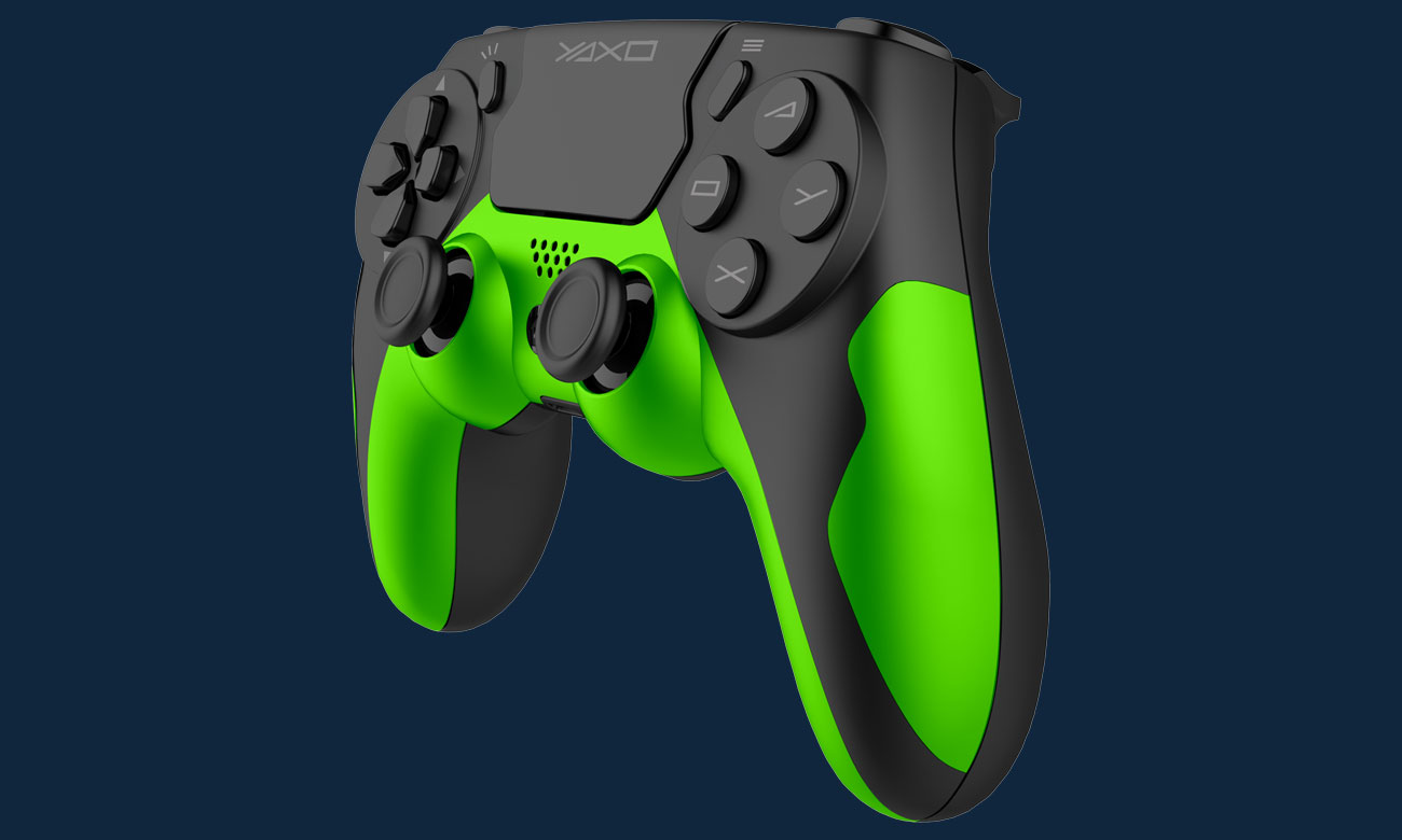 YAXO HORNET FURY Matrix Green Controller - Vorderansicht schräg, Grafik mit Hintergrund