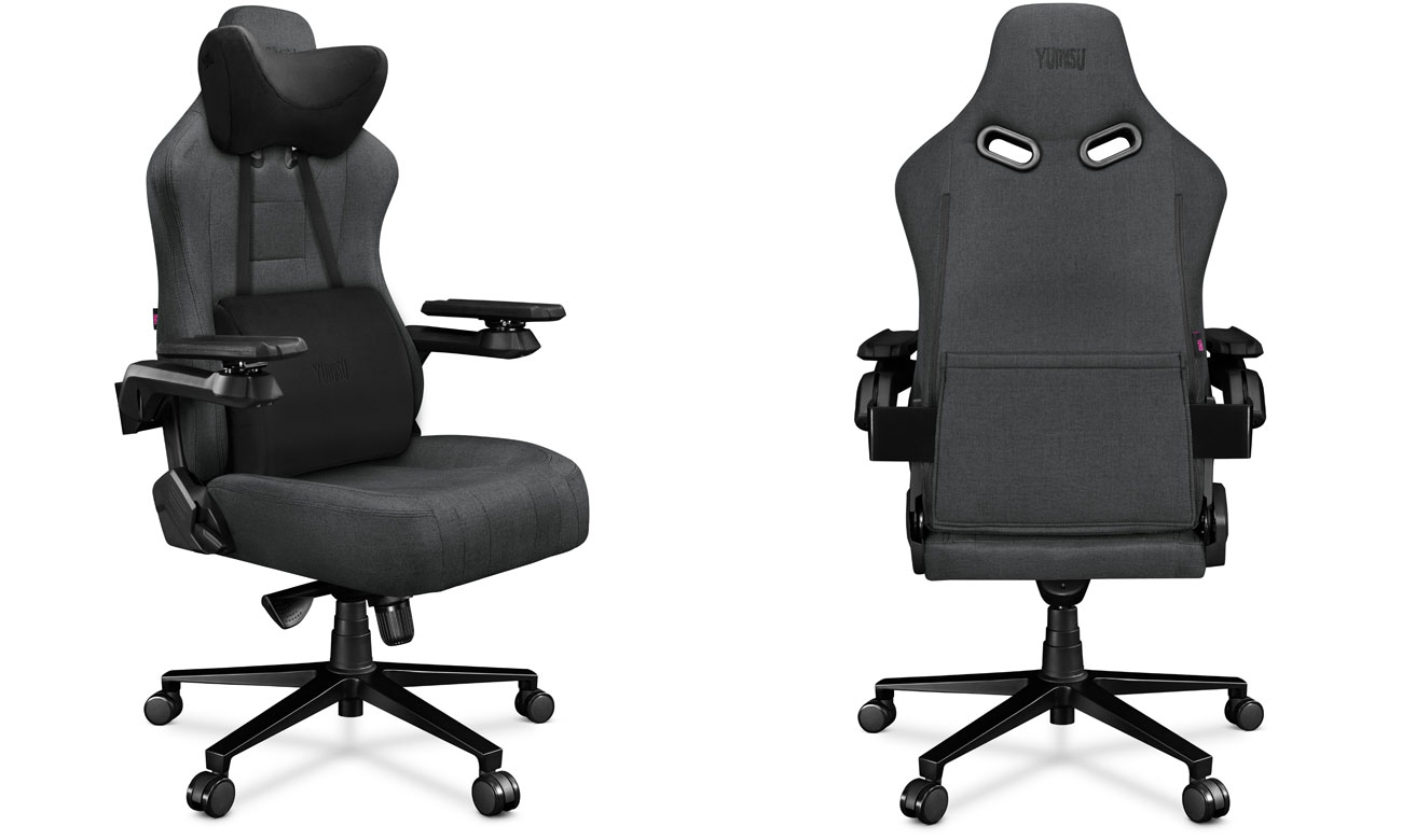Gaming-Stuhl Yumisu 2049 Dunkelgrau-Schwarz Stoff - Ansicht von vorne im Winkel und von hinten