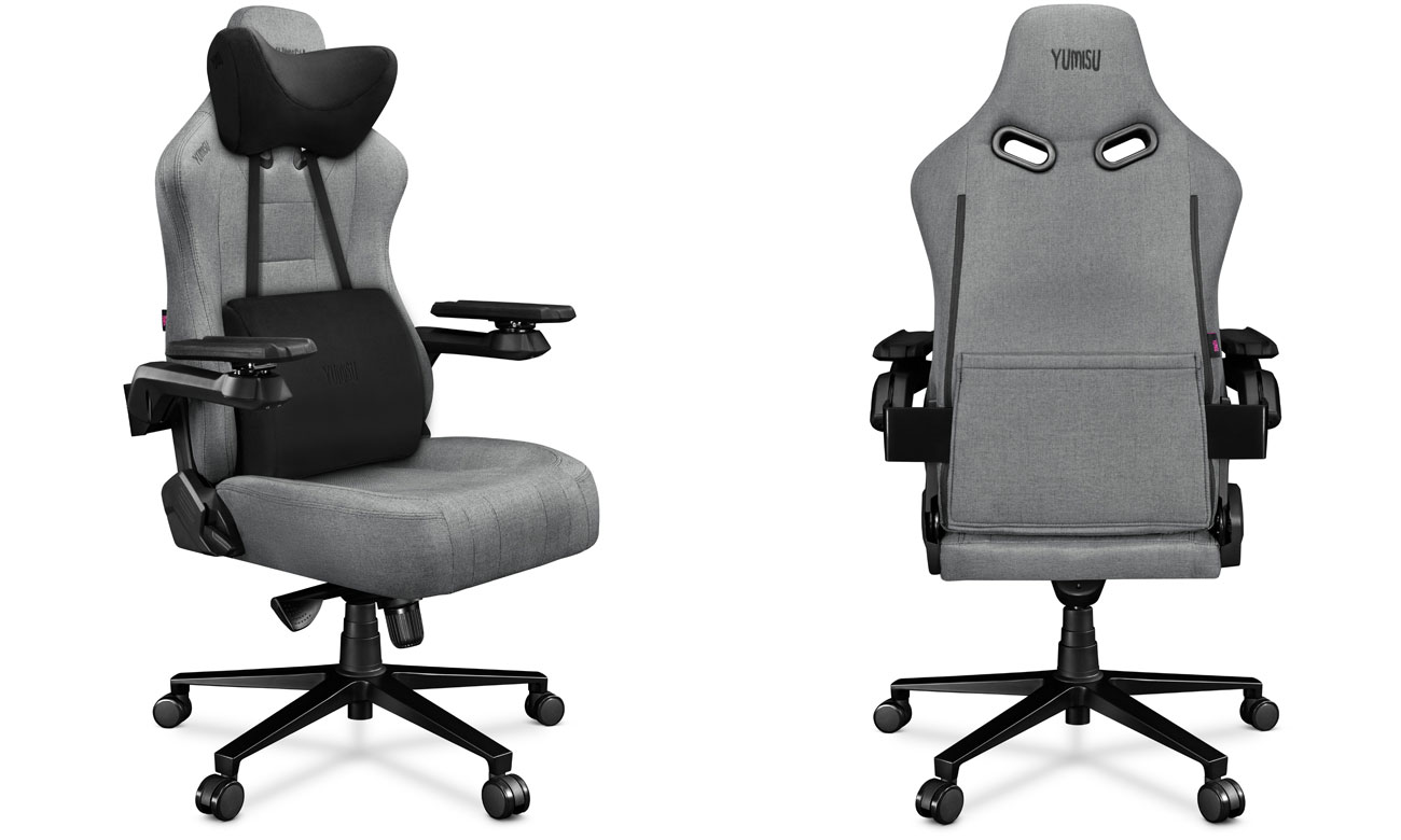 Gamingstuhl Yumisu 2049 Hellgrau-Schwarz Stoff - Ansicht von vorne im Winkel und von hinten