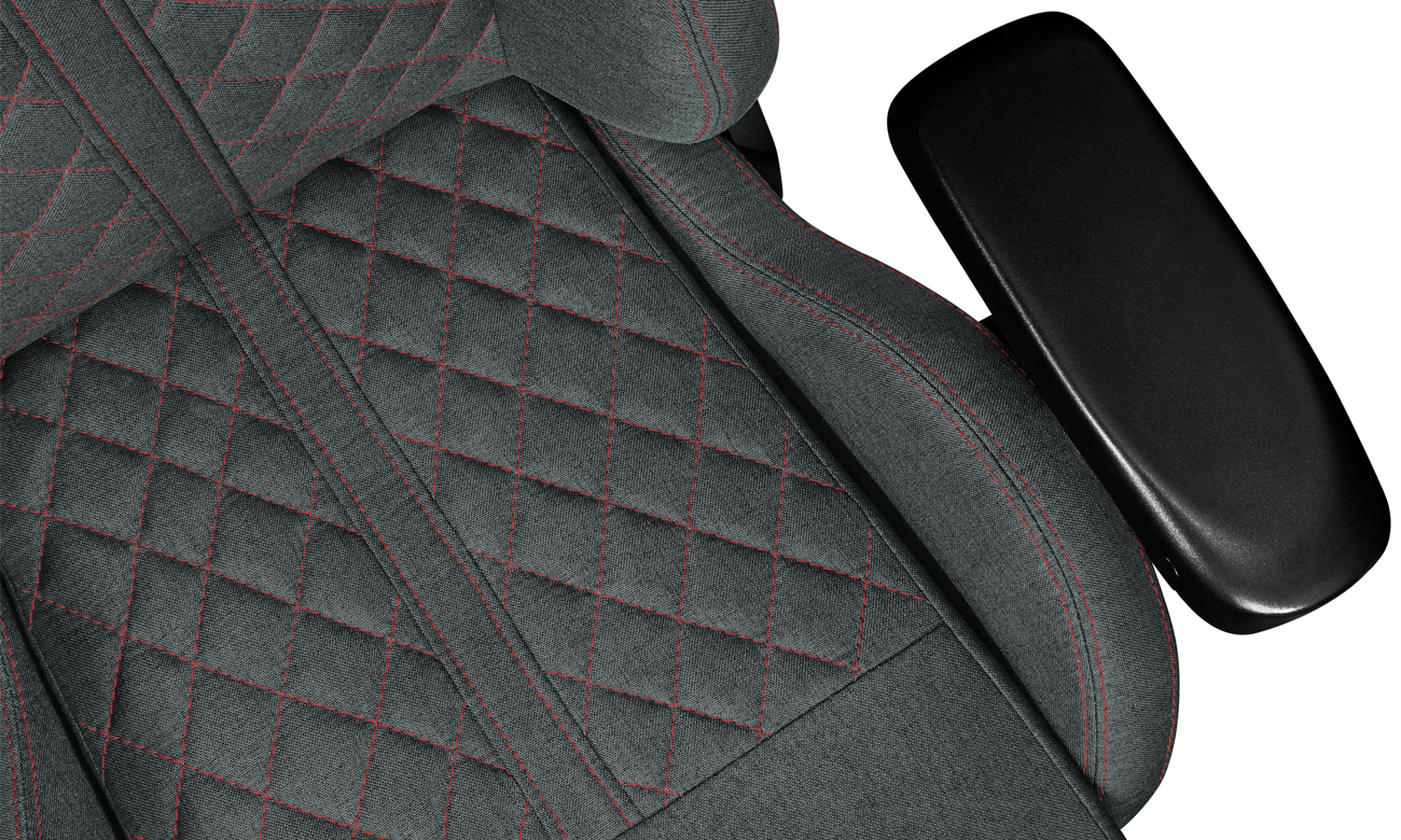 Fotel gamingowy Yumisu 2050 Magnetic Ciemnoszaro-Czerwony (Tkanina) - Zbliżenie na siedzisko i podłokietnik