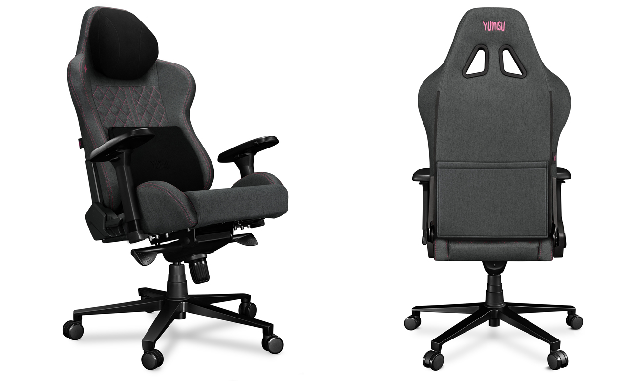Fotel gamingowy Yumisu 2050 Magnetic Ciemnoszaro-Różowy (Tkanina) - Widok od przodu pod kątem i od tyłu