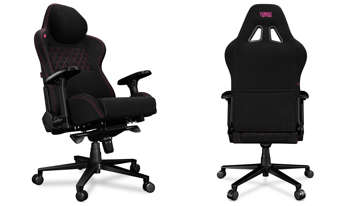 Fotel gamingowy Yumisu 2050 Magnetic Czarno-Różowy (Tkanina) - Widok od przodu pod kątem i od tyłu