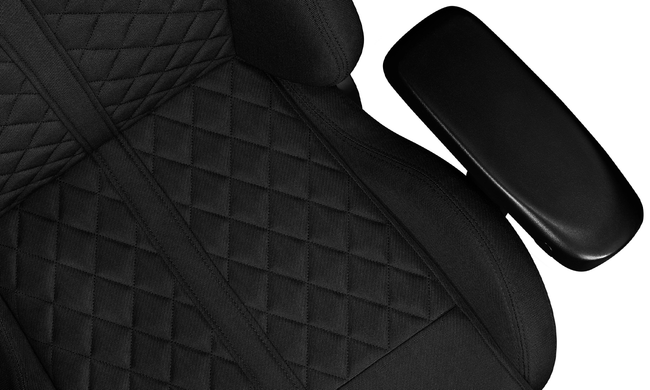 Fotel gamingowy Yumisu 2050 Magnetic Czarny (Tkanina) - Zbliżenie na siedzisko i podłokietnik