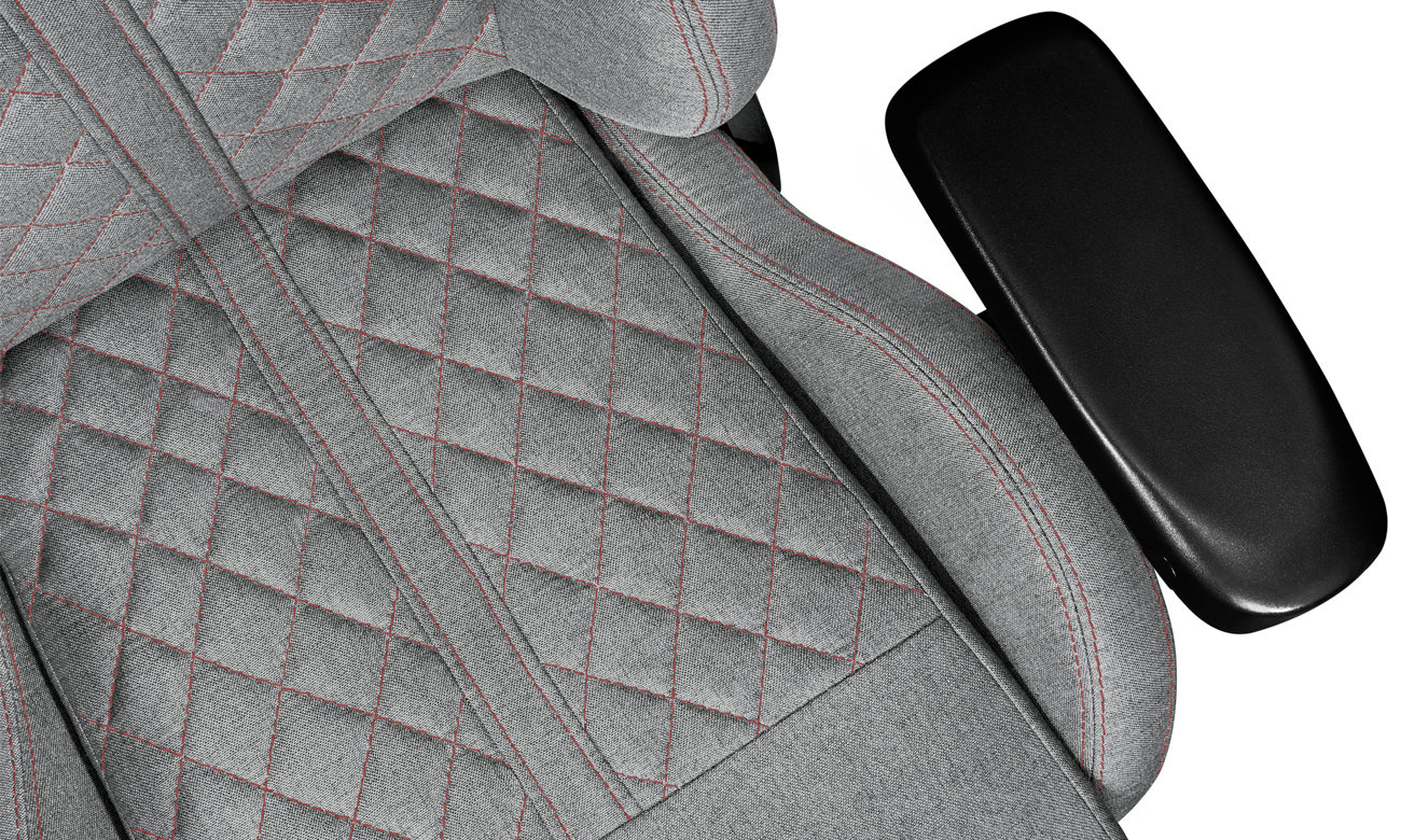 Gaming-Stuhl Yumisu 2050 Magnetic Hellgrau-Rot (Stoff) - Nahaufnahme von Sitzfläche und Armlehne