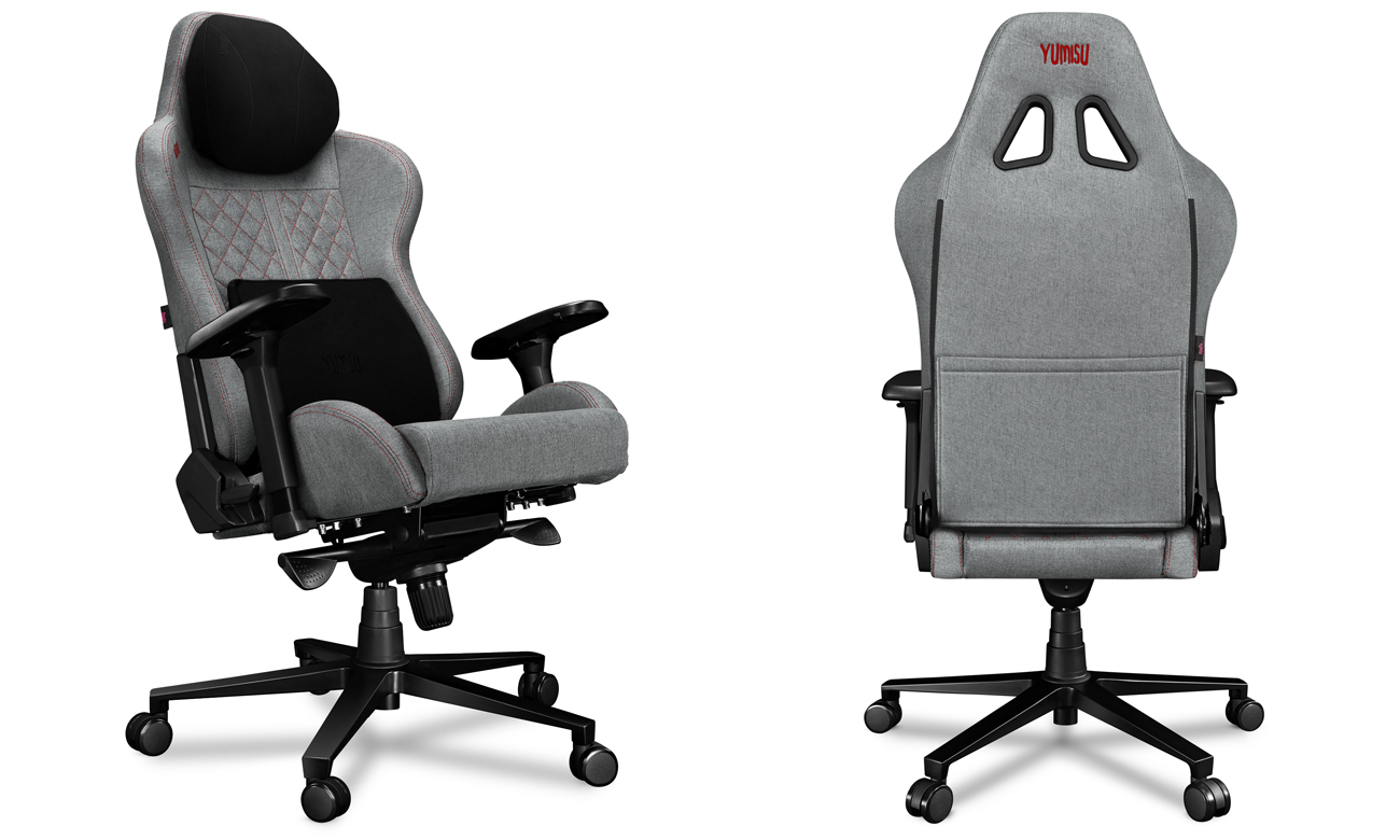 Gaming-Stuhl Yumisu 2050 Magnetic Hellgrau-Rot (Stoff) - Frontansicht im Winkel und Rückansicht
