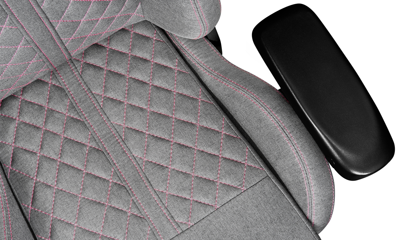 Fotel gamingowy Yumisu 2050 Magnetic Jasnoszaro-Różowy (Tkanina) - Zbliżenie na siedzisko i podłokietnik