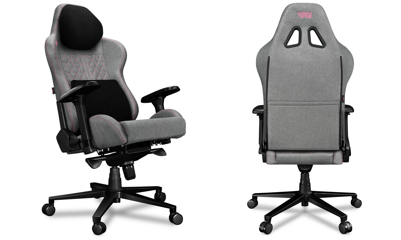 Fotel gamingowy Yumisu 2050 Magnetic Jasnoszaro-Różowy (Tkanina) - Widok od przodu pod kątem i od tyłu