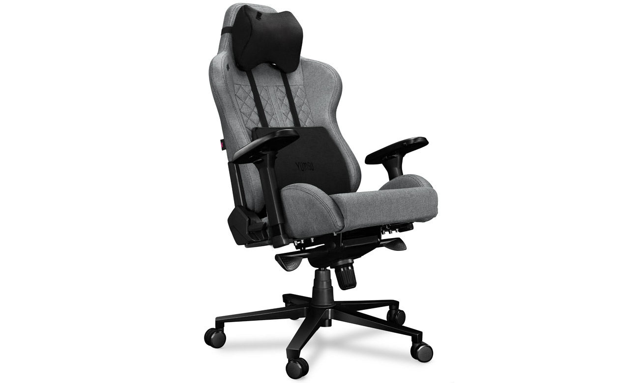Gaming-Stuhl Yumisu 2050 Hellgrau-Schwarz Stoff - Frontansicht im Winkel, zurückgelehnt
