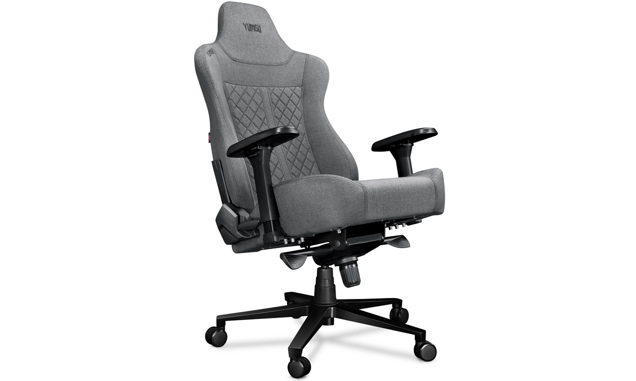 Gaming-Stuhl Yumisu 2052 Hellgrau-Schwarz Stoff - Frontansicht im Winkel, zurückgelehnt