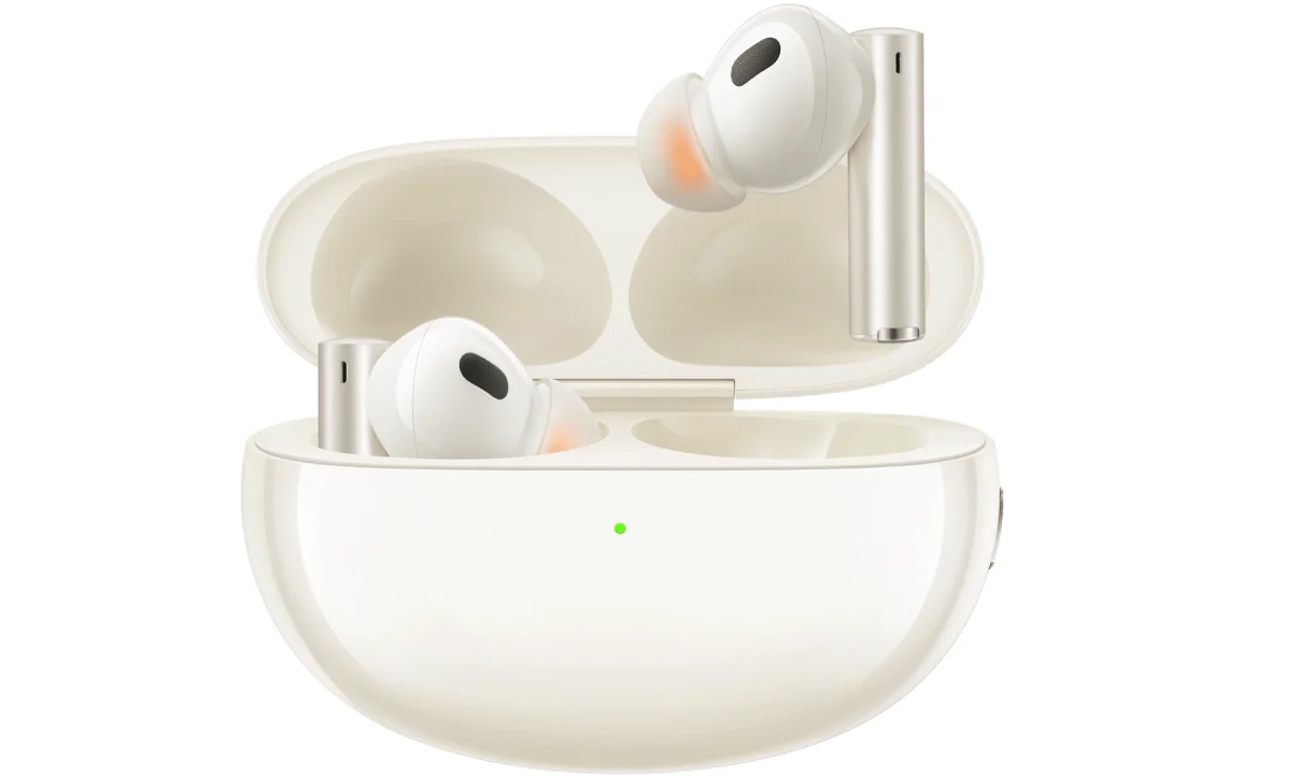 Słuchawki bezprzewodowe realme Buds Air 5 Pro Sunrise beige - Widok od przodu wraz z otwartym etui ładującym